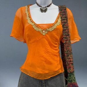 ICE Orange Silk Beaded V Neck Blouse Sheer Ruffle Hem Y2K Size L